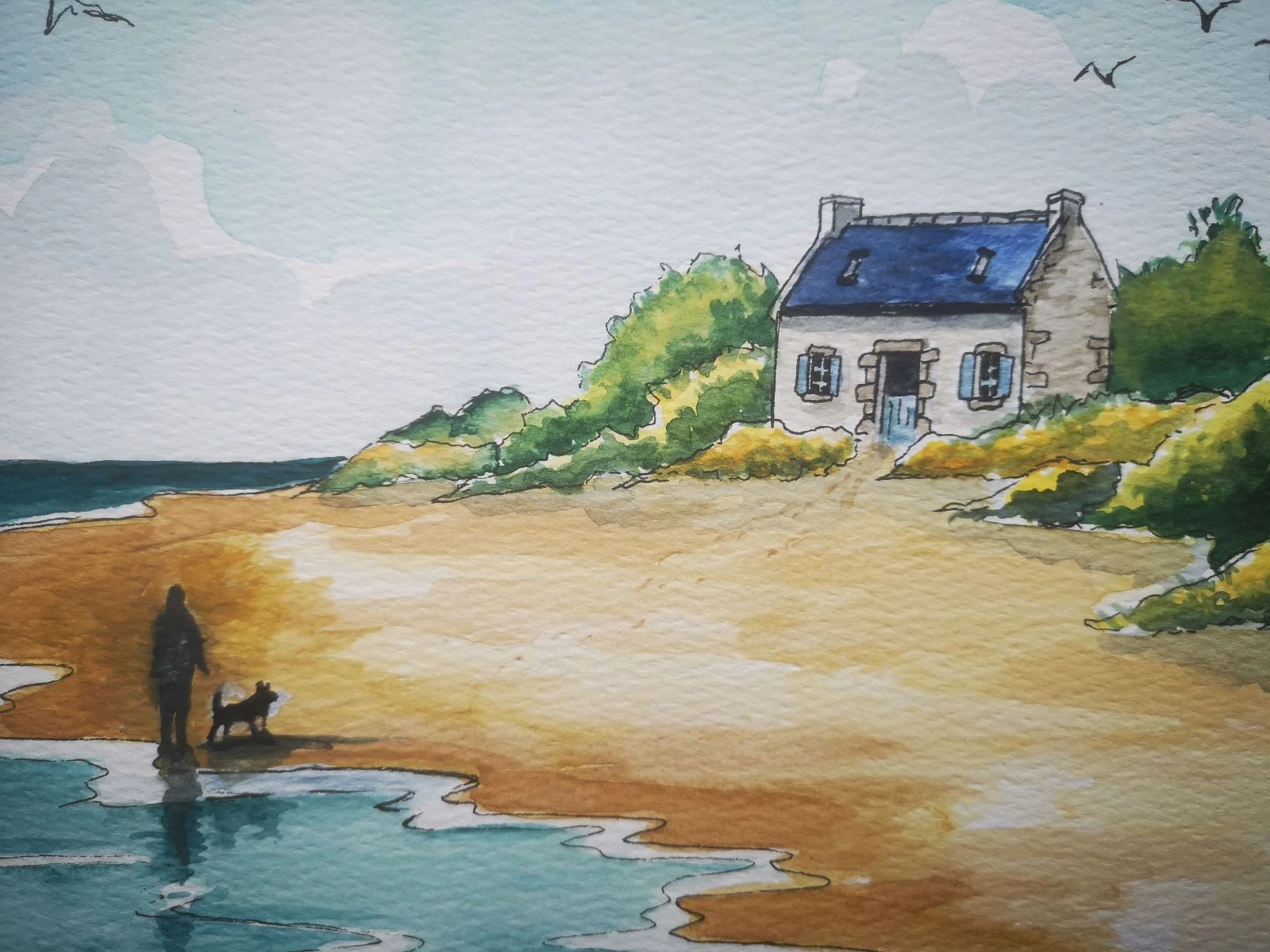Aquarelle, décoration marine, peinte à la main, unique et originale "maison Bretonne au bord de la plage"  – photo 4